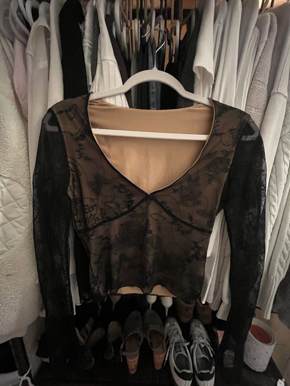 Windsor Black Sheer Lace Long Sleeve Top with Nude Lining